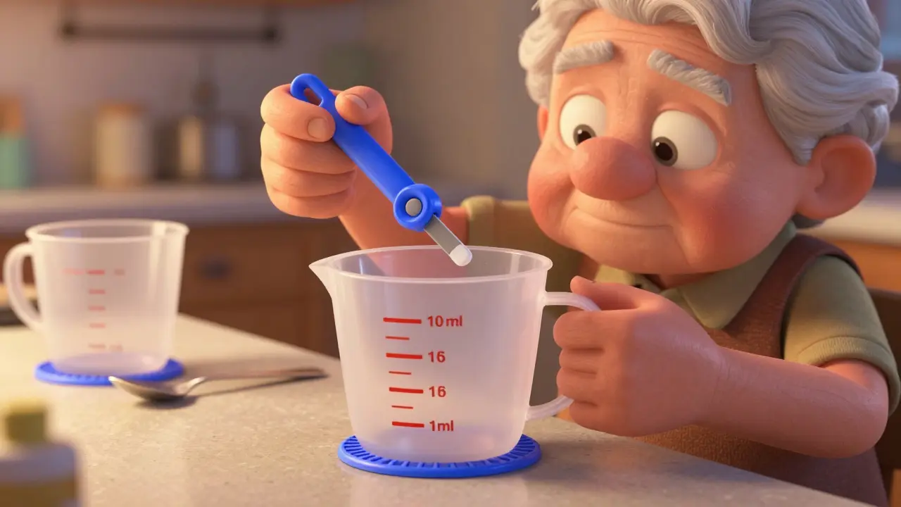 Elderly person using a dose-lock measuring cup with the slider set at the correct volume.