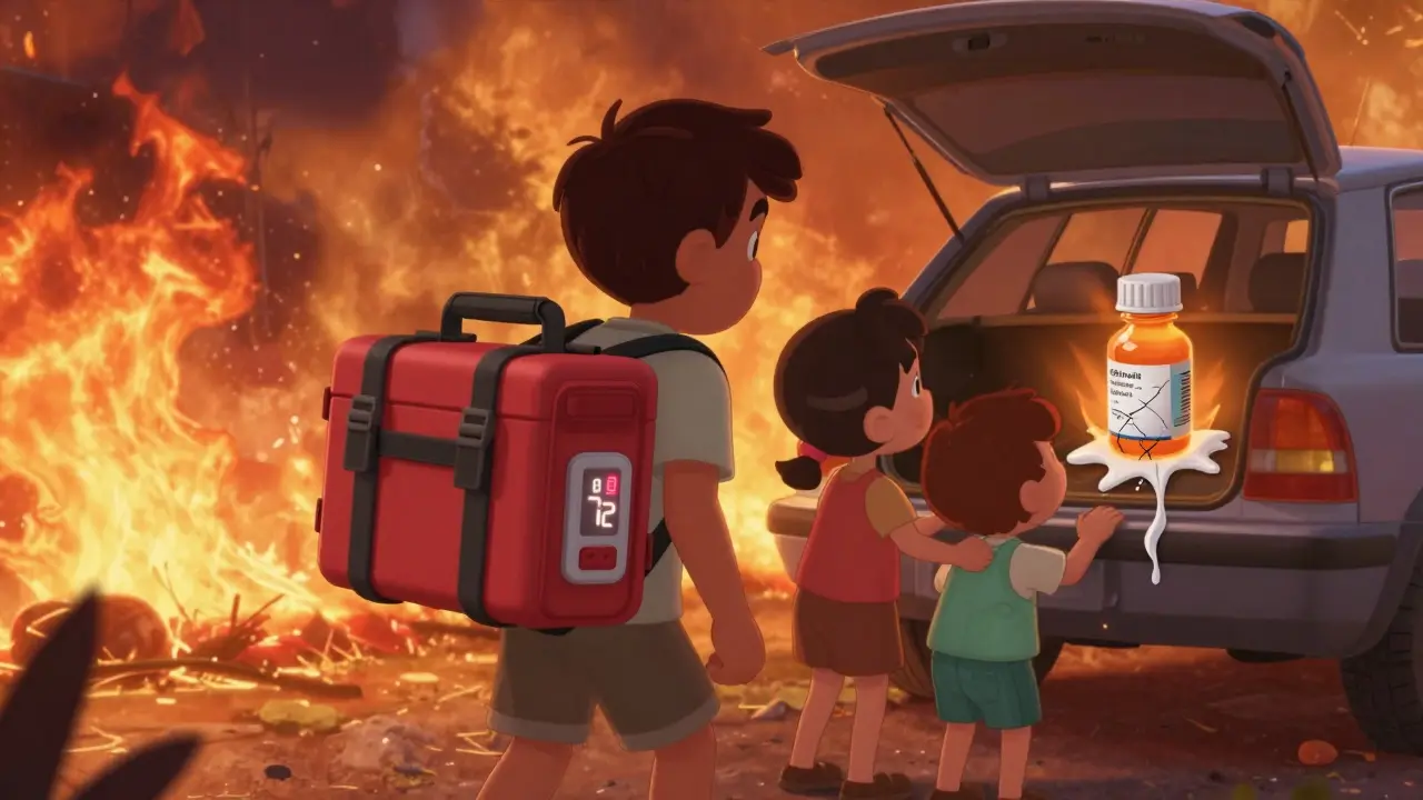 Family evacuating with proper medical kit while car meds melt in heat.