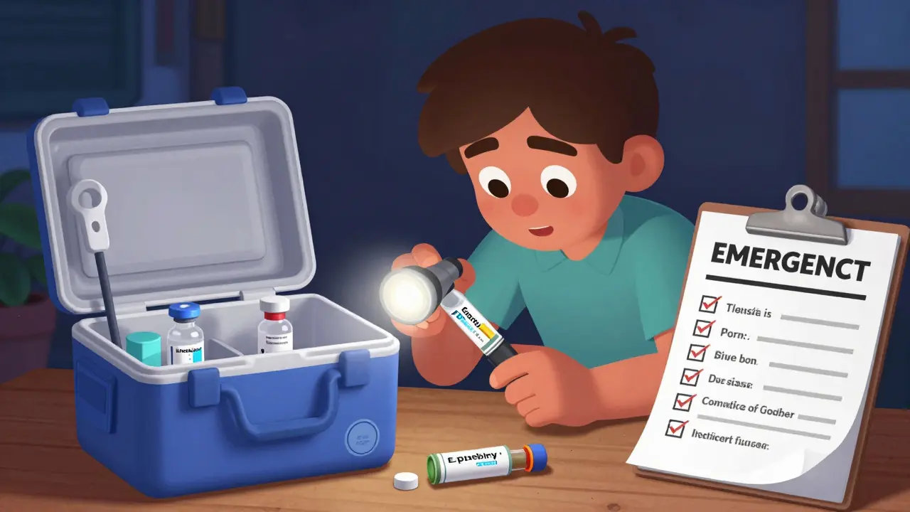 Family using an expired epinephrine injector during a power outage, with insulin safely cooled in a portable unit.