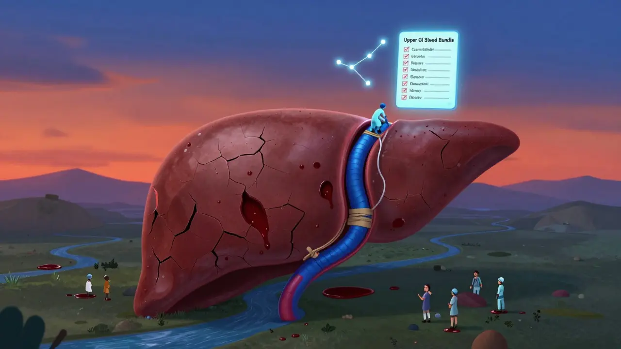 Human GI tract as a landscape with a ruptured varix and medical team applying bands to stop bleeding.