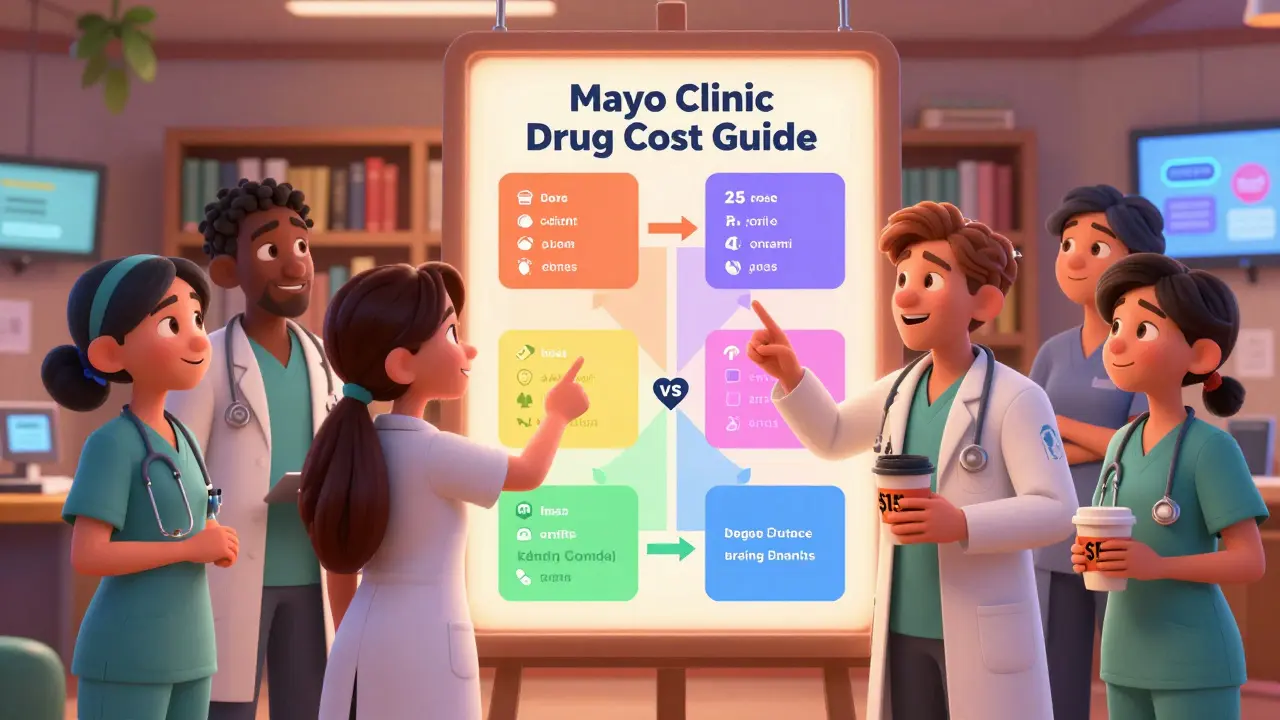 Medical team learning drug prices from a colorful, interactive cost guide poster.