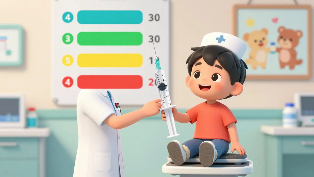 Nurse using a color-coded syringe to measure medication for a child beside a weight chart.