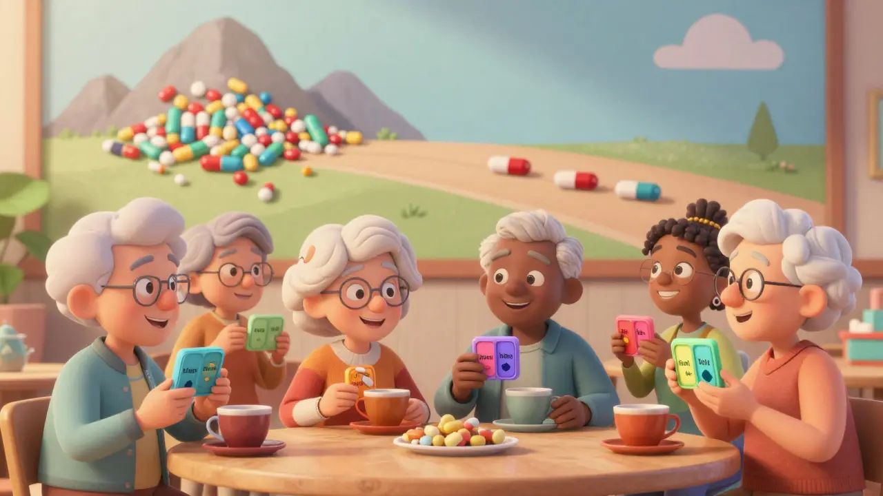 Older adults smiling with simple pill cases, standing beside a mural showing a journey from chaotic pills to a smooth, simplified routine.