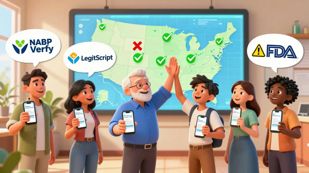 People verifying pharmacies on phones, with a U.S. map showing verified and fake locations.