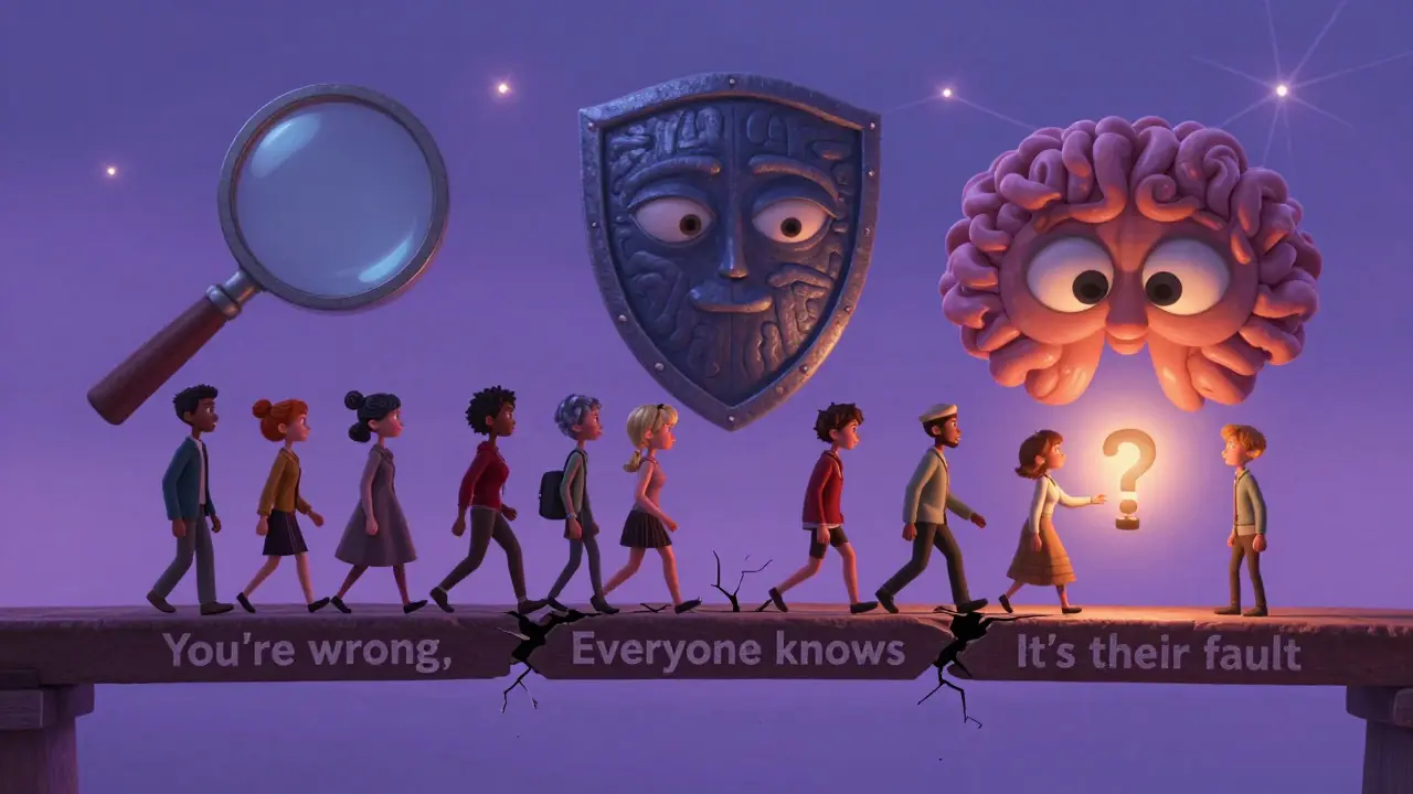 People walking on a crumbling bridge of biased phrases, with giant cartoon biases looming above in soft twilight.