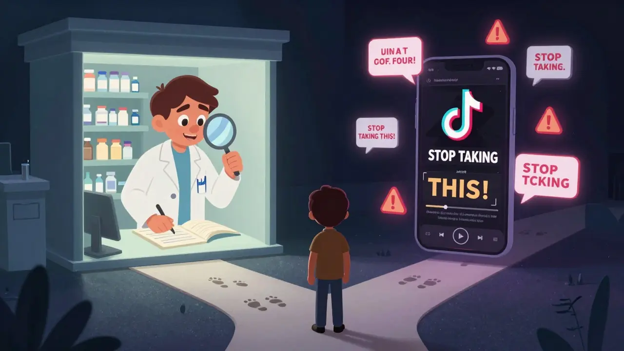 Person choosing between a trustworthy pharmacy and misleading social media alerts at a crossroads.