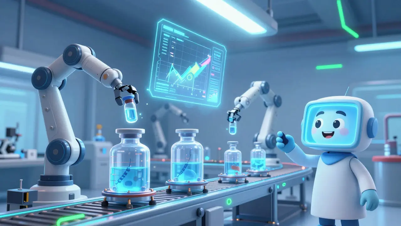 Robotic arms and AI holograms manage a high-tech biosimilar production line with glowing data streams.