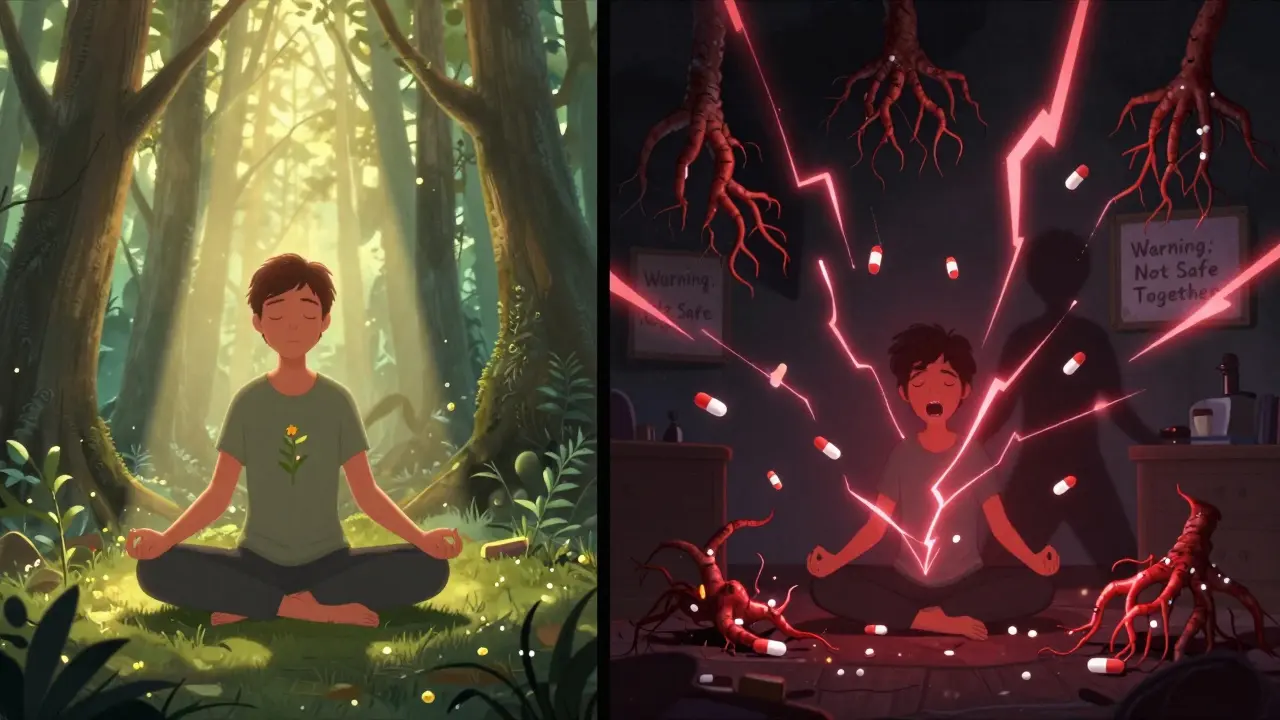 Split scene: peaceful rhodiola use vs. chaotic combination with antidepressants, showing danger.