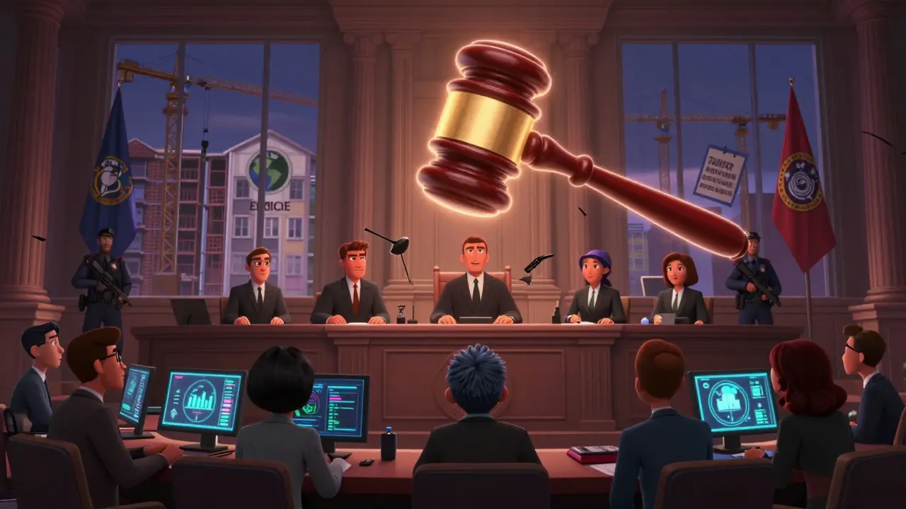 Supreme Court gavel casts shadows of falling regulations as corporate teams watch anxiously.