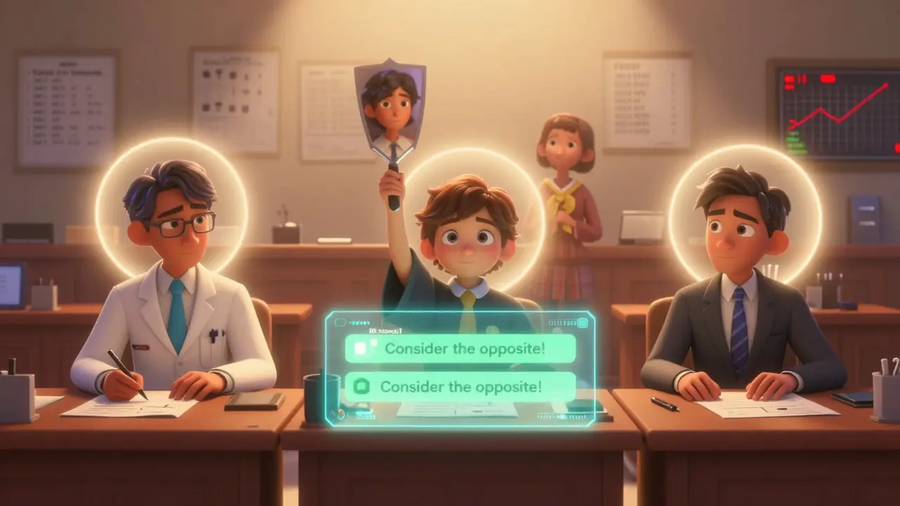 Three professionals surrounded by their biases, illuminated by a gentle digital prompt to pause and reflect.