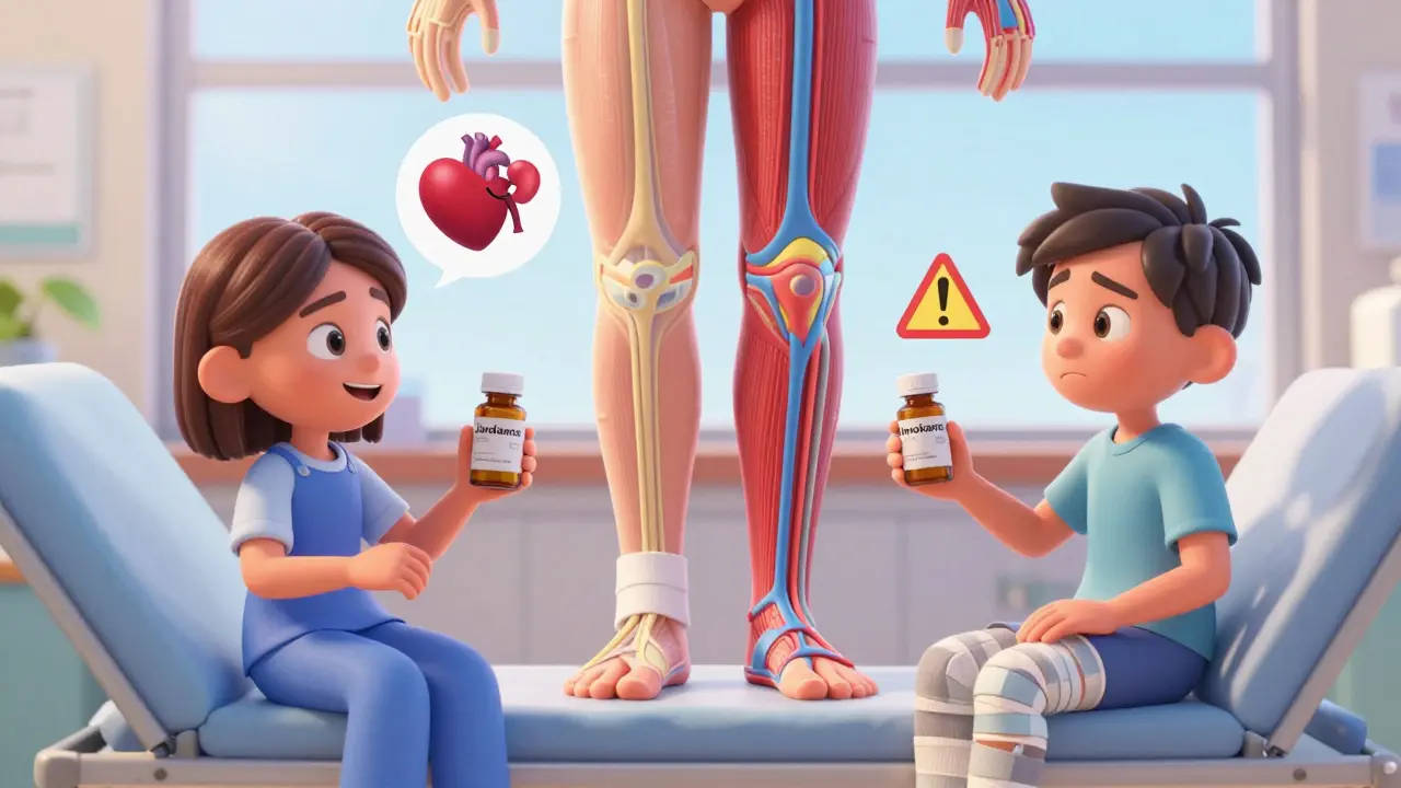 Two patients side by side: one healthy with Jardiance, one with a bandaged foot and Invokana.