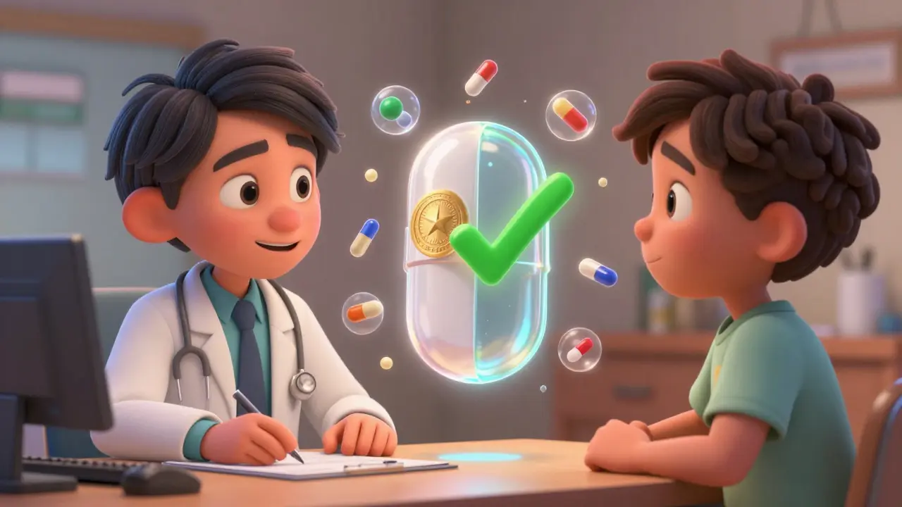 A doctor and patient examining a transparent pill split between brand-name and generic versions with visible internal components.