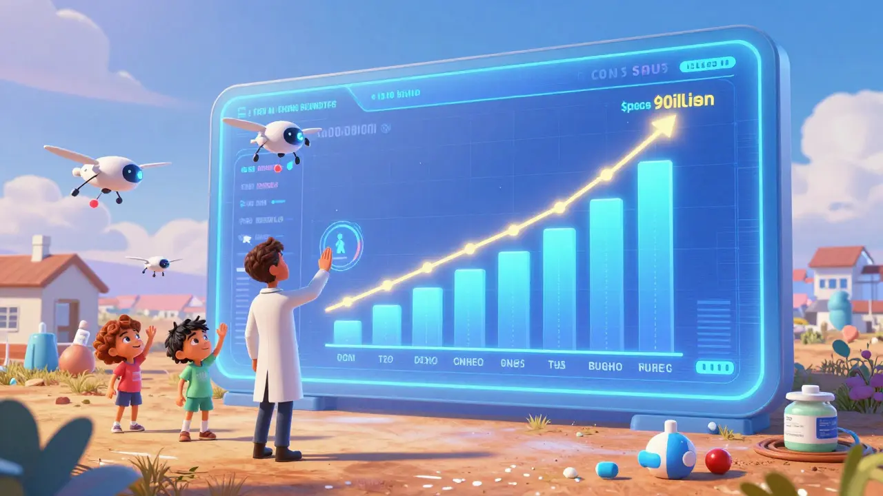A glowing healthcare dashboard showing savings from patent expirations, with biosimilars being delivered to clinics.