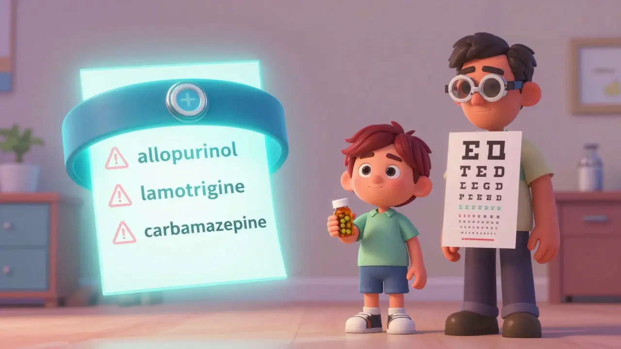 A medical alert bracelet floating beside warning symbols for drugs that can trigger SJS/TEN.