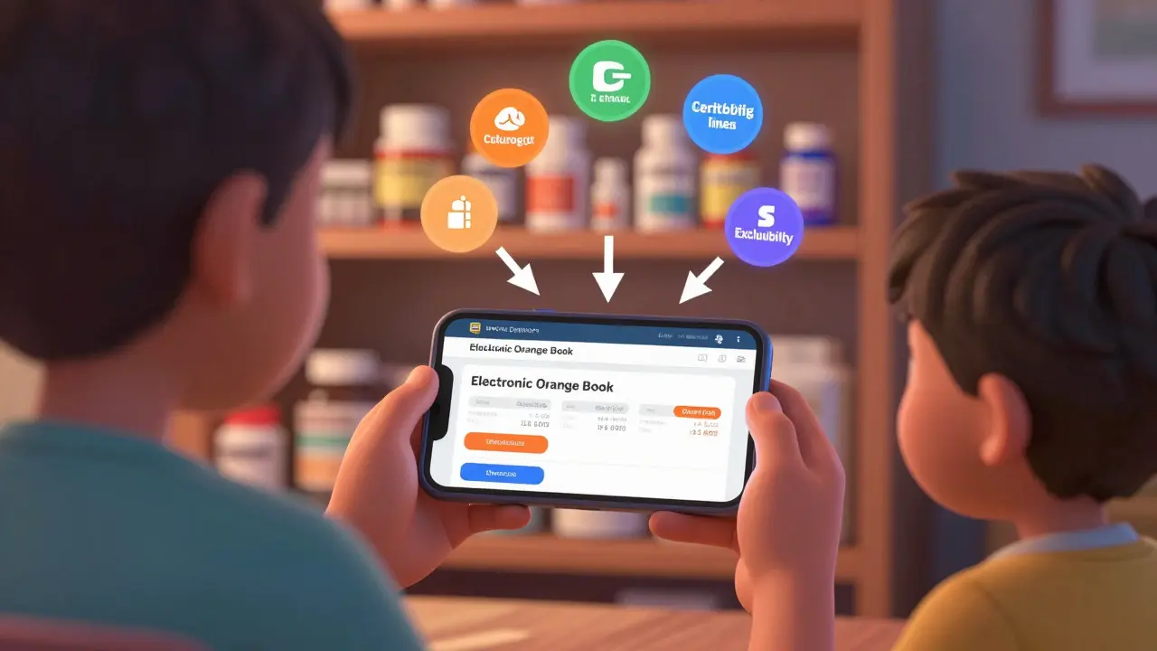 A patient and child view patent expiration details on a smartphone, with medicine bottles nearby in a home setting.