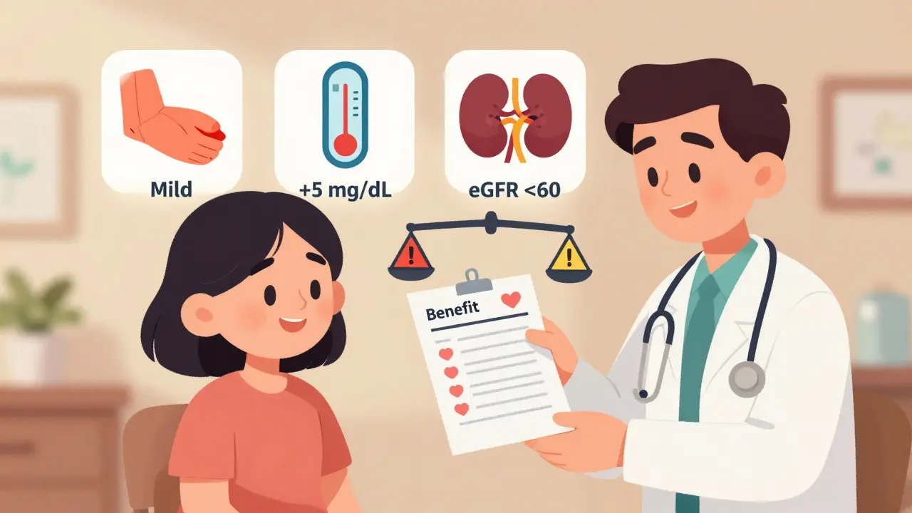 A patient and doctor review blood test results with floating icons showing muscle ache, blood sugar, and kidney function in Pixar style.