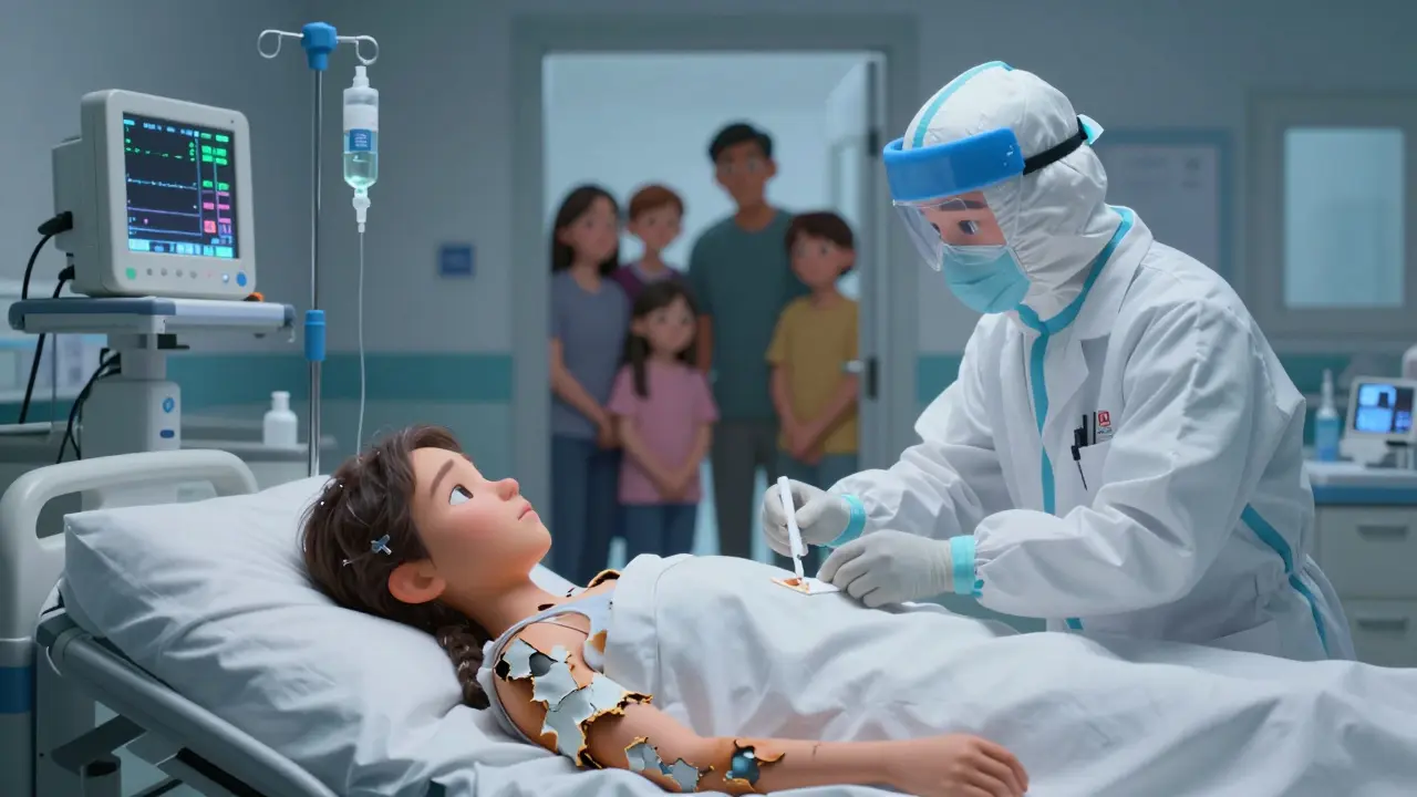 A patient in a burn unit receiving care as medical staff tend to peeling skin with gentle precision.