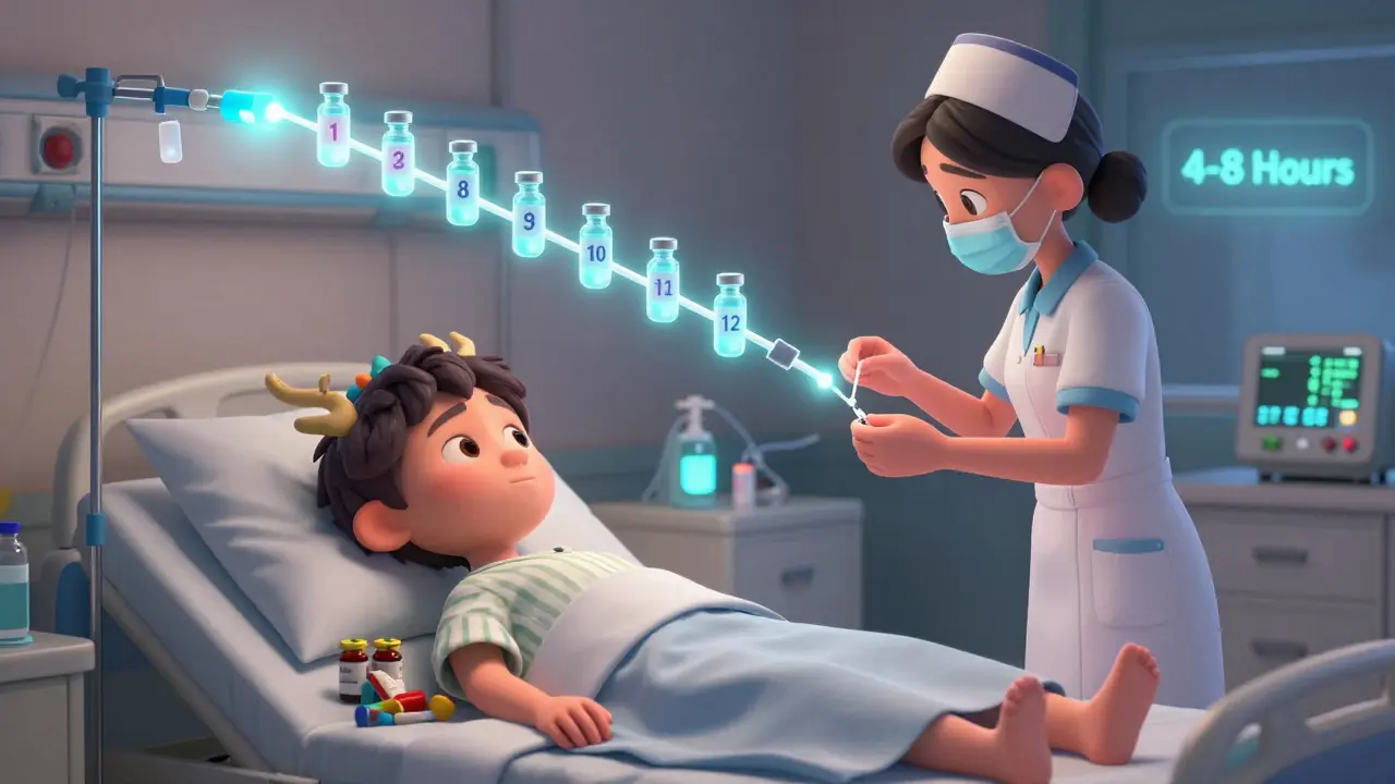 A patient receiving step-by-step penicillin desensitization in a hospital, with glowing vials and a calm immune system visualized as a dragon.