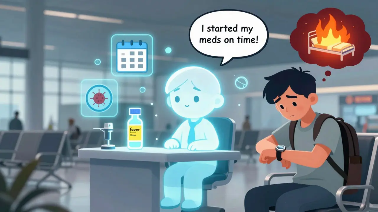 A traveler at an airport, contrasted with their calm past self surrounded by travel health icons.