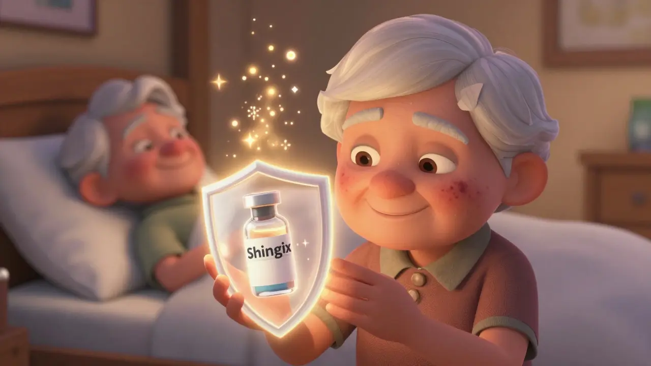 An elderly person protected by a vaccine shield, while a past pain fades away, in Pixar style.