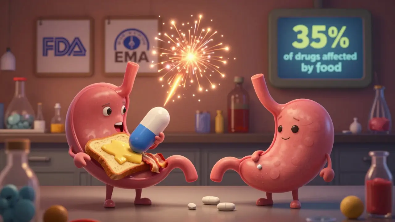 Anthropomorphic pills and enzymes in a lab, showing how food affects drug absorption.