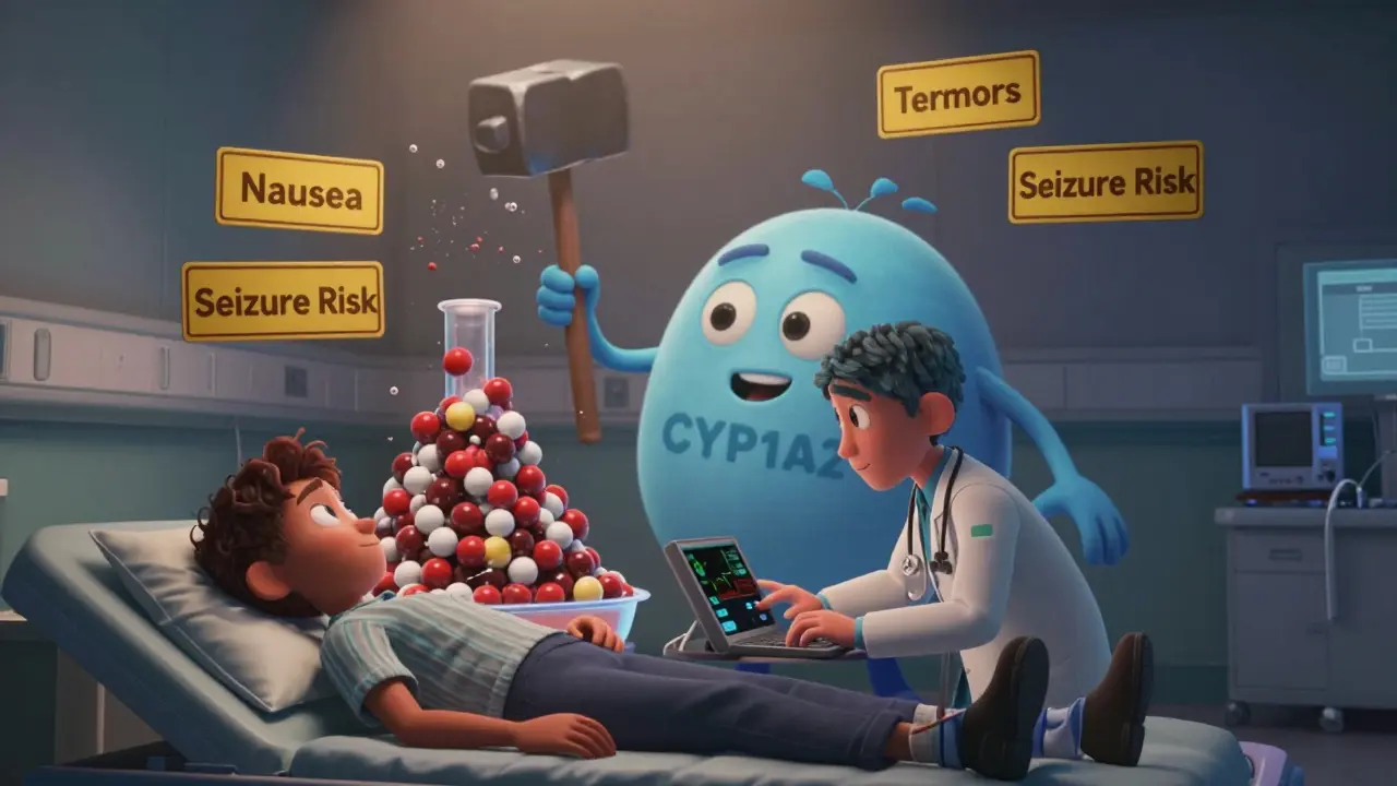 Doctor checking a patient's vitals as a giant hammer smashes an enzyme, with theophylline molecules piling up dangerously.