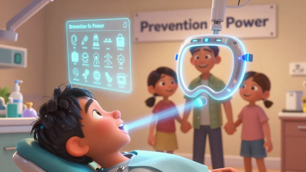 Futuristic dental shield projecting personalized prevention plan with laser therapy