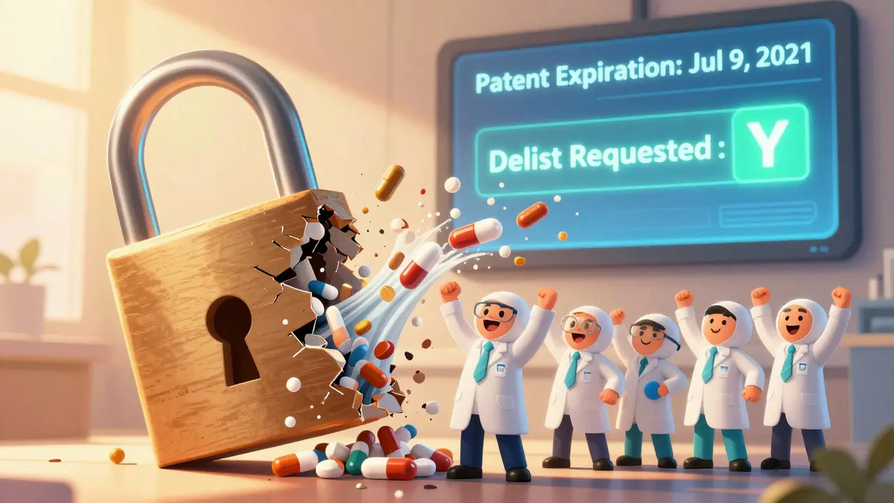 Generic drug team celebrating as a patent lock breaks, releasing affordable pills with an expiration date on screen.