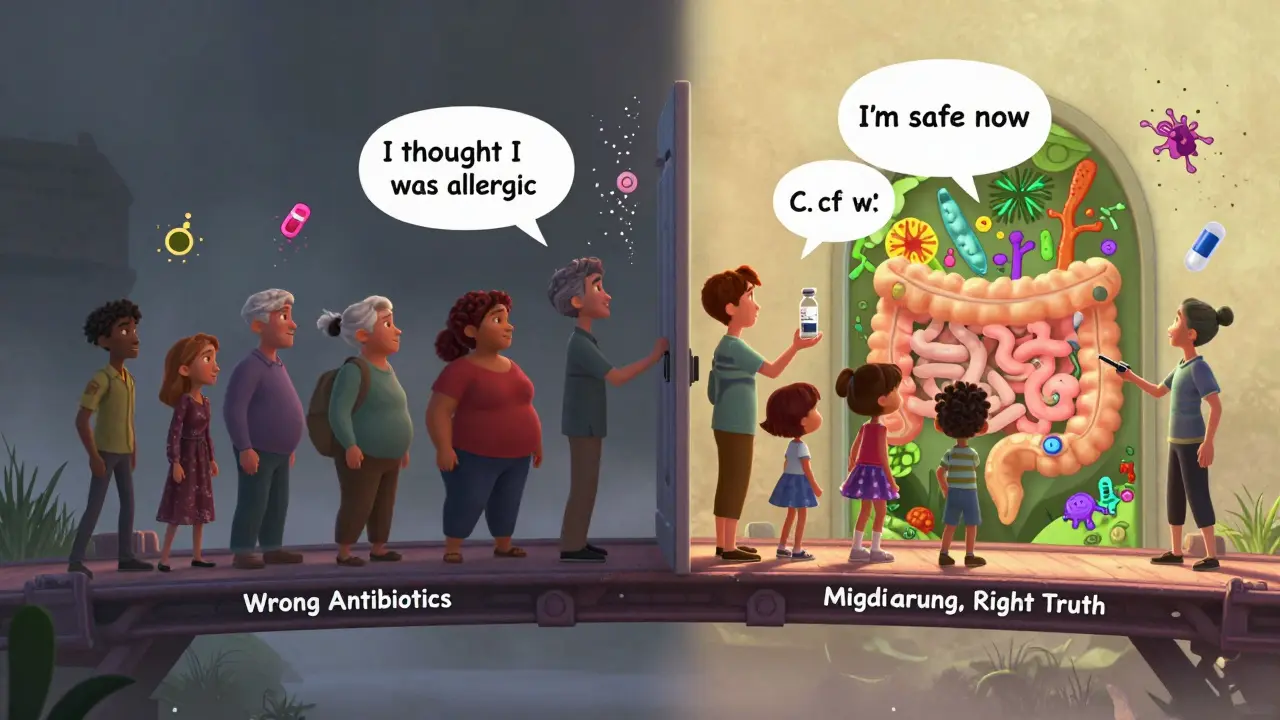 People crossing a bridge from misdiagnosis to correct treatment, holding penicillin as a key to health.