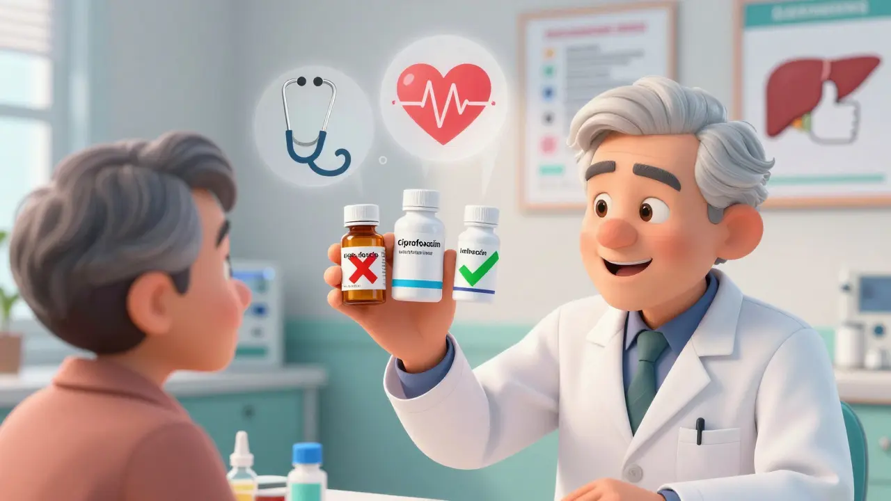 Pharmacist showing safe antibiotics to an elderly patient, with ciprofloxacin marked 'X' and alternatives approved.