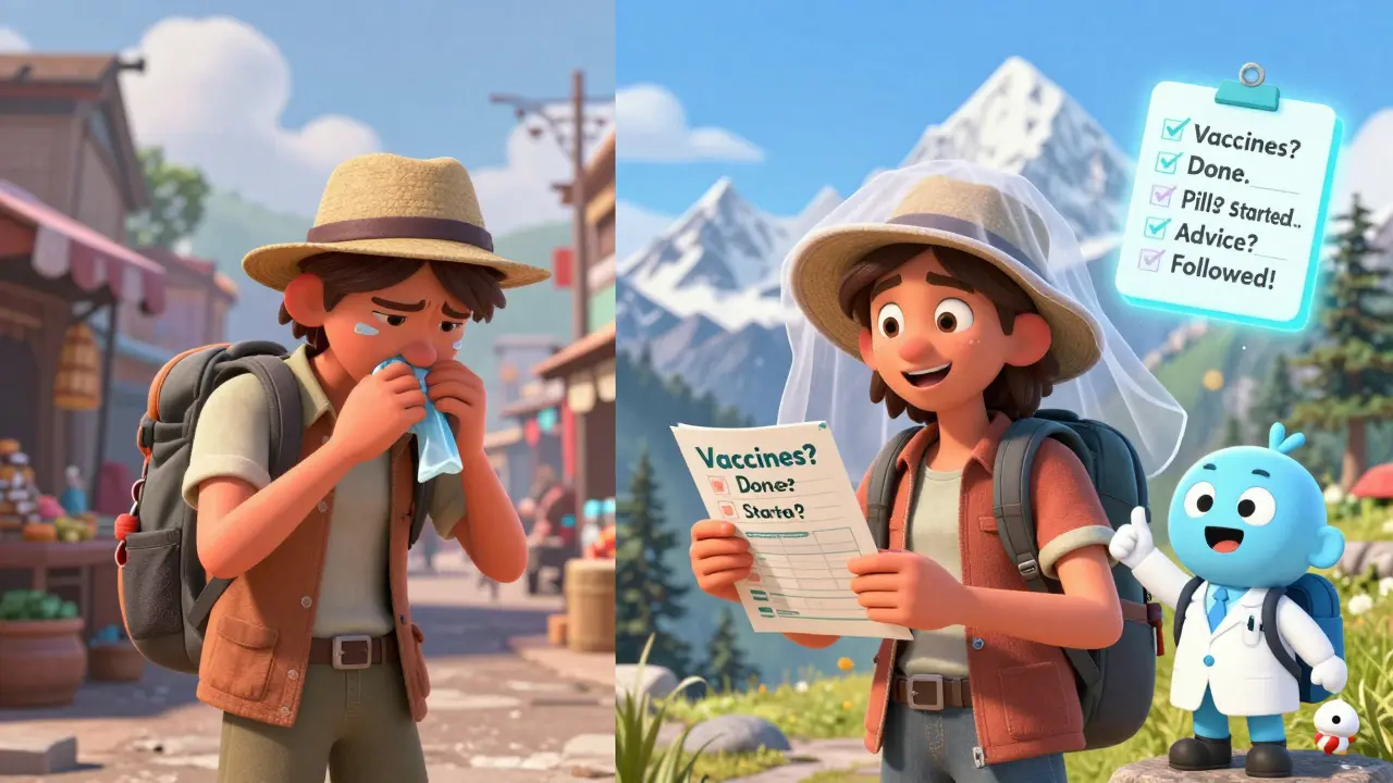 Split scene: sick traveler in market vs. healthy hiker with medication checklist floating above.