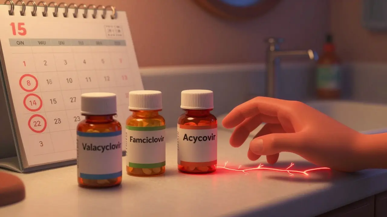 Three antiviral pills on a counter with a pulsing nerve pathway, in Pixar style.