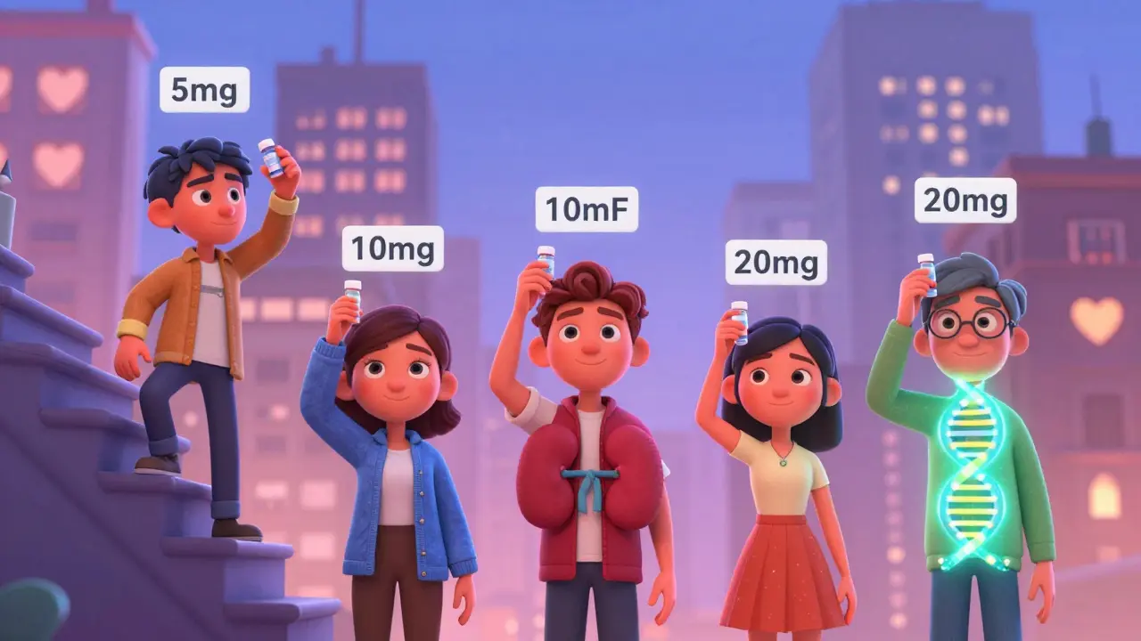 Three people hold different rosuvastatin doses, each with personalized health paths and genetic markers in Pixar-style illustration.