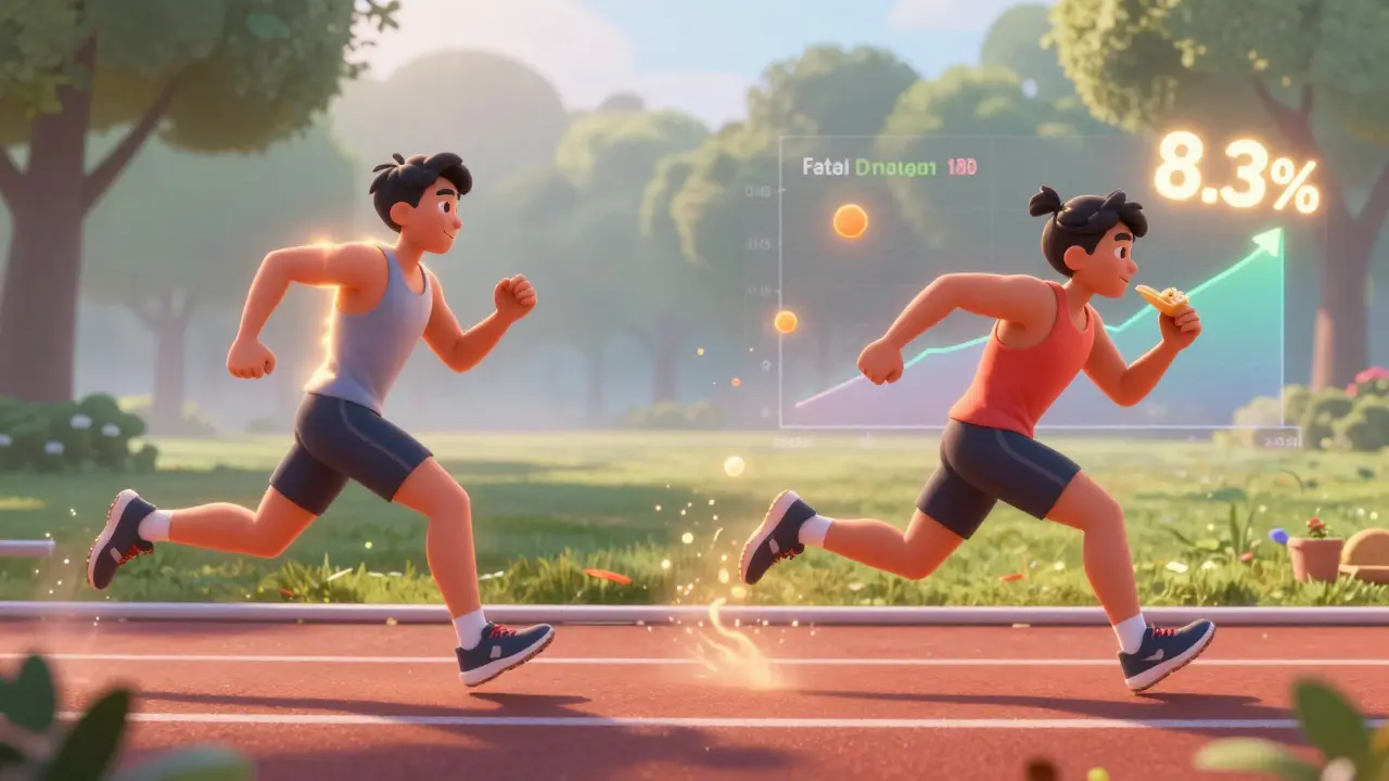 Two athletes training—one fasted, one fed—with glowing indicators of performance and fat burn.