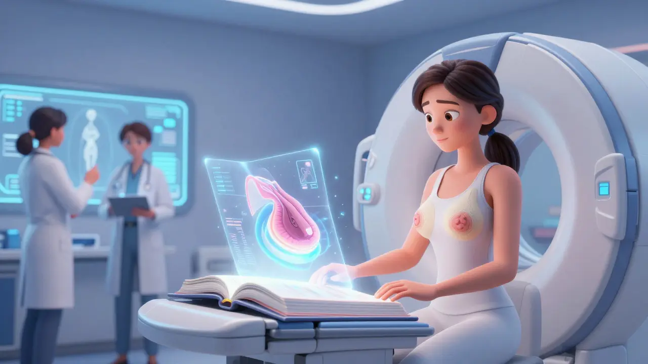 A 3D mammogram machine scanning a woman’s breast with floating transparent tissue layers like glowing pages.