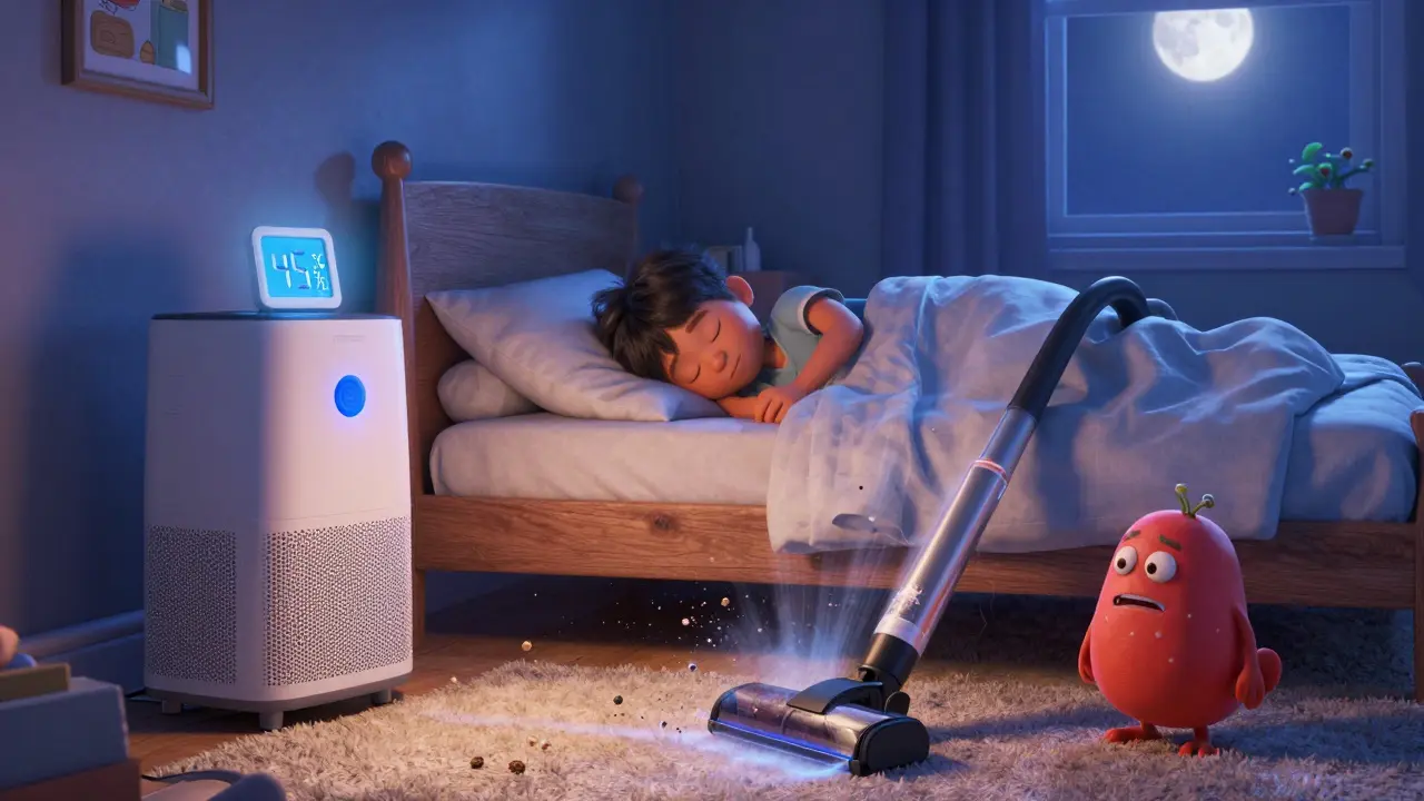 A child sleeping under allergen-proof bedding, with a dehumidifier and HEPA vacuum reducing allergens in a cozy bedroom.