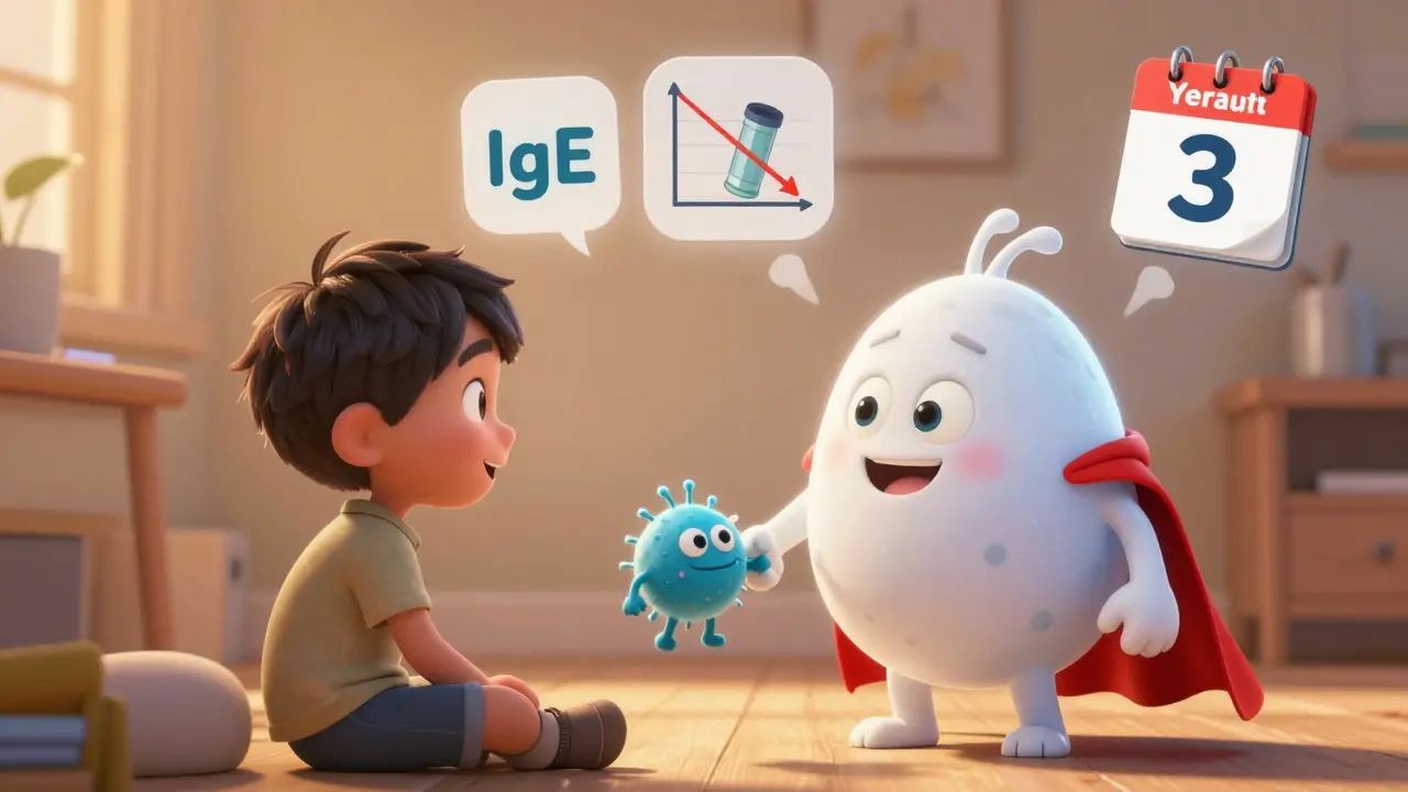 A child taking immunotherapy drops as a cartoon immune cell shakes hands with an allergen monster, symbolizing long-term relief.