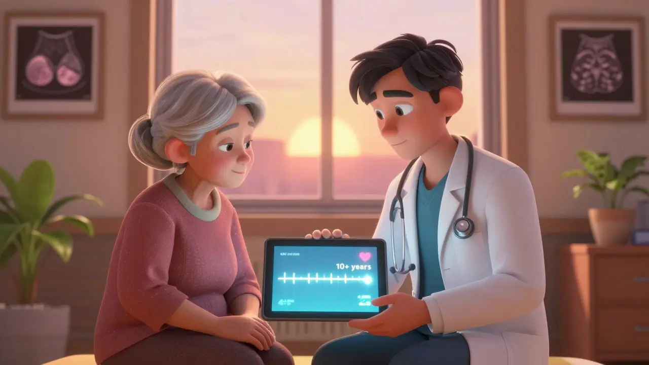 A doctor and elderly woman discussing life expectancy, with a glowing timeline and sunset in the background.