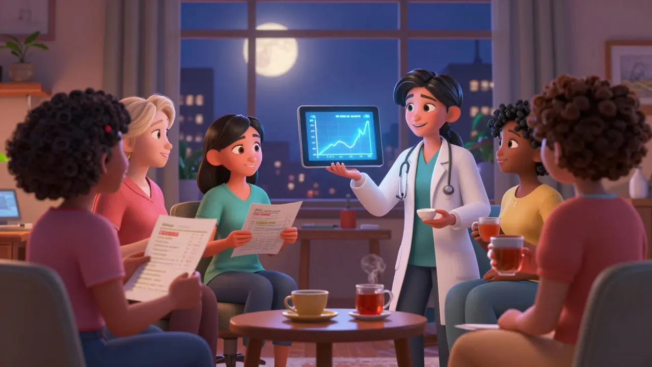 A group of women in a doctor’s office with an AI tablet showing hormone balance, under a calming night sky.