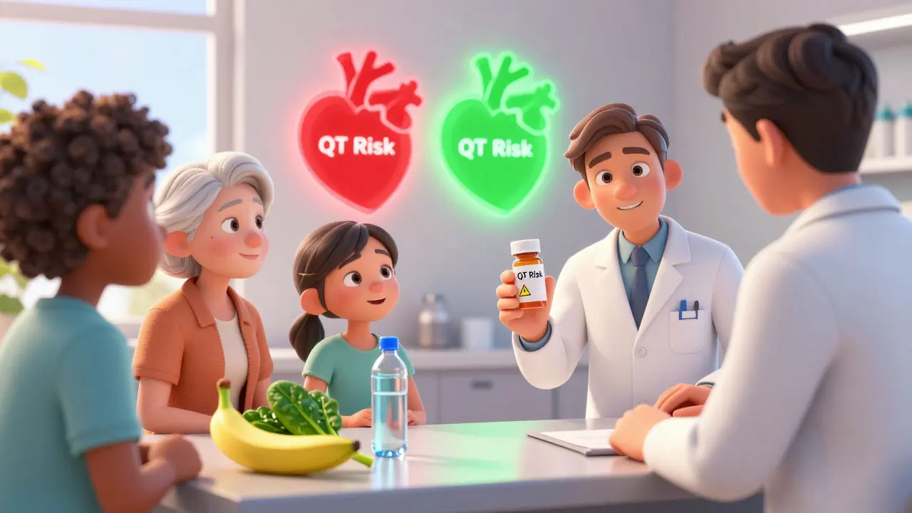 A pharmacist warns diverse patients about drug risks while healthy foods and safe alternatives appear nearby.