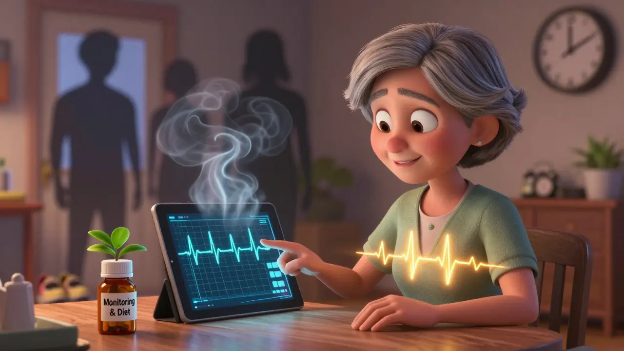 A woman smiles as her doctor shows a clean ECG, while dangerous heart rhythms vanish into smoke.