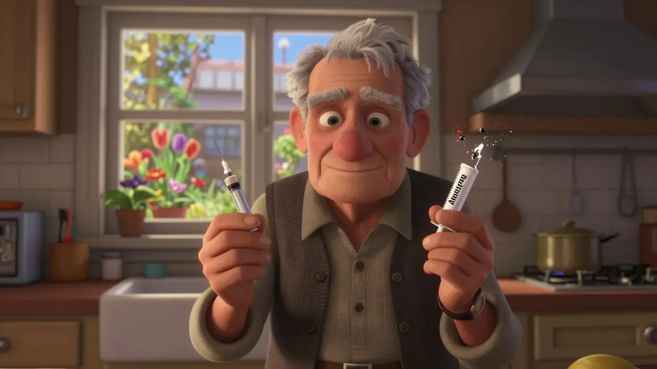 An elderly man plants flowers in his garden, holding a modern pill as an old syringe turns to dust beside him.