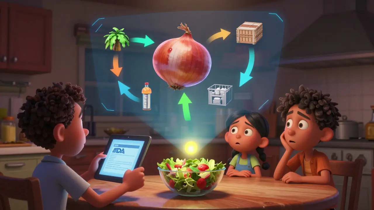 An FDA investigator reviews a digital map of a contaminated onion's path while a family watches their salad.