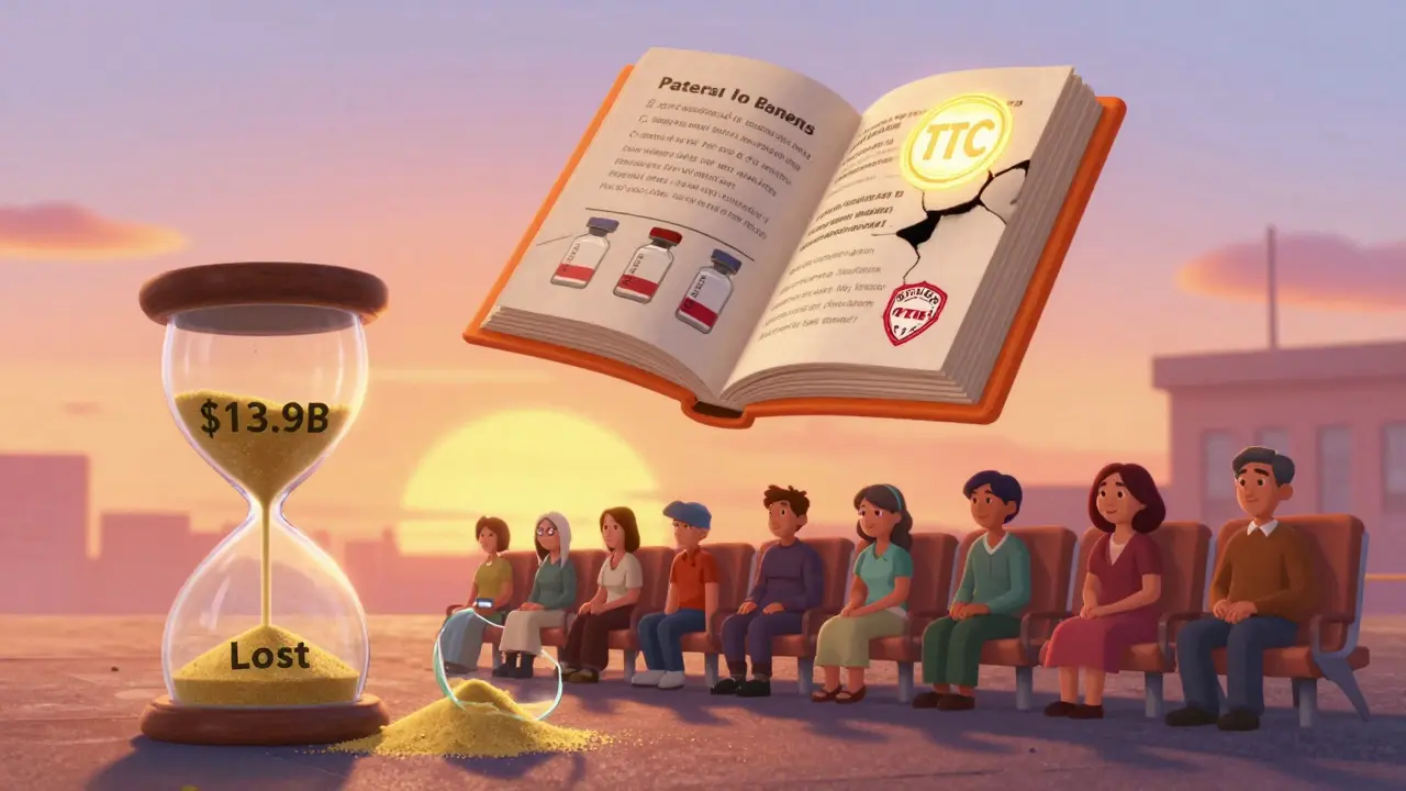 An hourglass drains billions as patients wait, while flawed patents float from a cracked Orange Book.