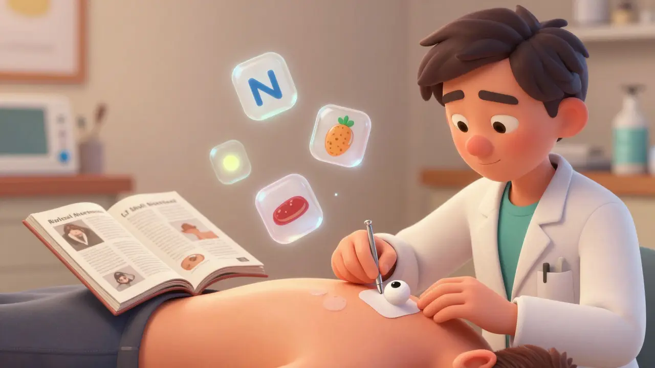 Dermatologist performing a patch test on a patient's back, with floating allergen icons glowing above the patches.