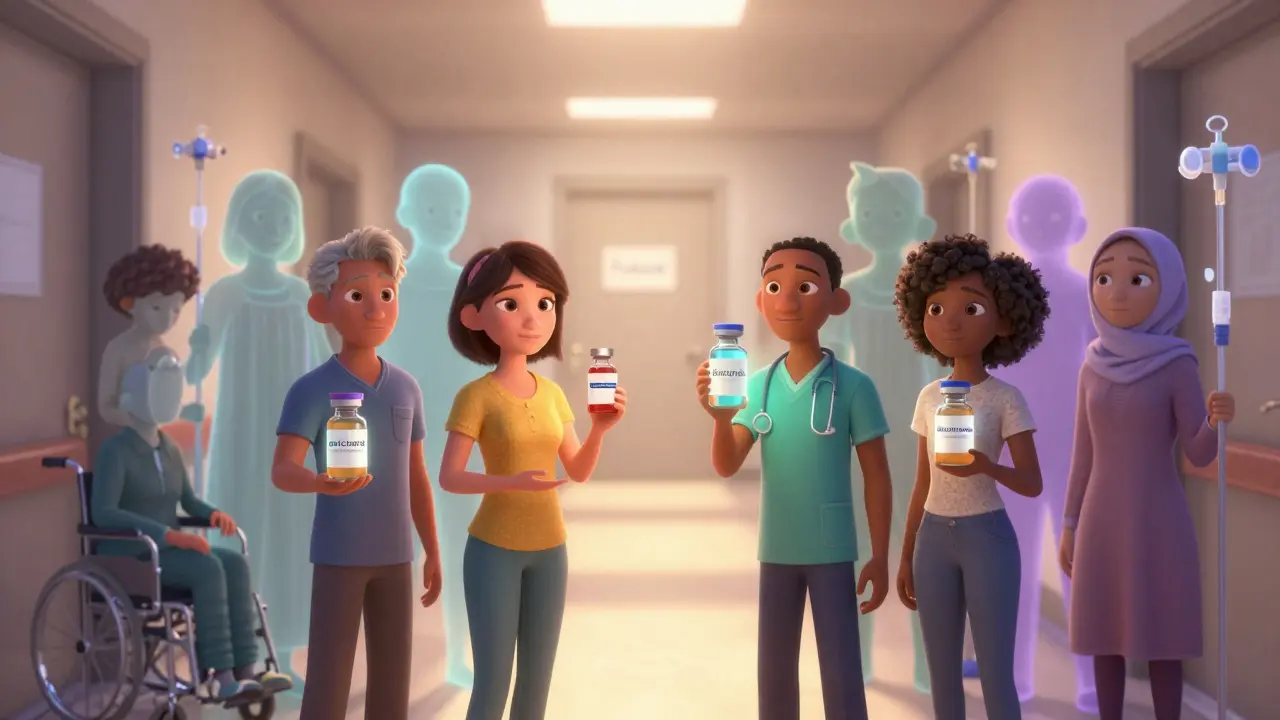 Diverse patients stand together holding expensive medication vials, with faded versions of their past selves disappearing behind them.
