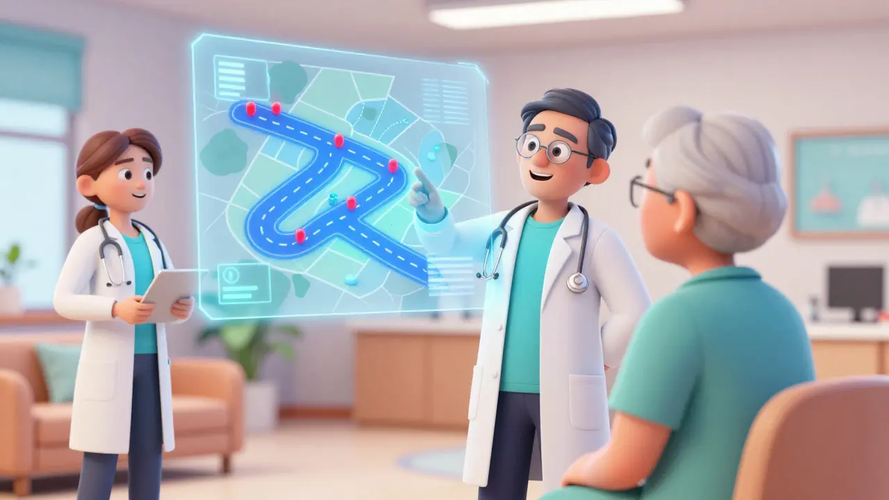 Doctor and pharmacist helping patient view a safety roadmap