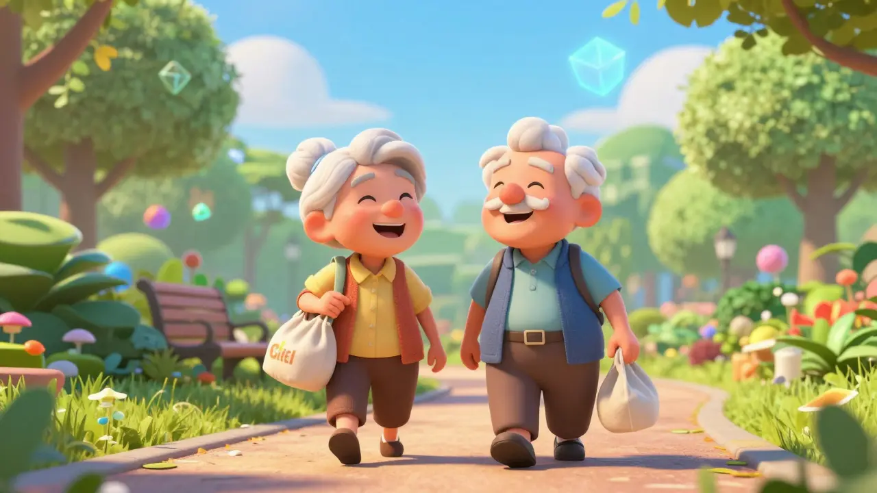 Happy seniors walking outside carrying small lightweight bags