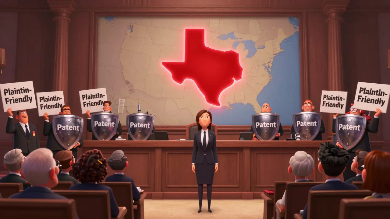 Lawyers in a Texas courtroom face a biased jury while a generic company stands alone.