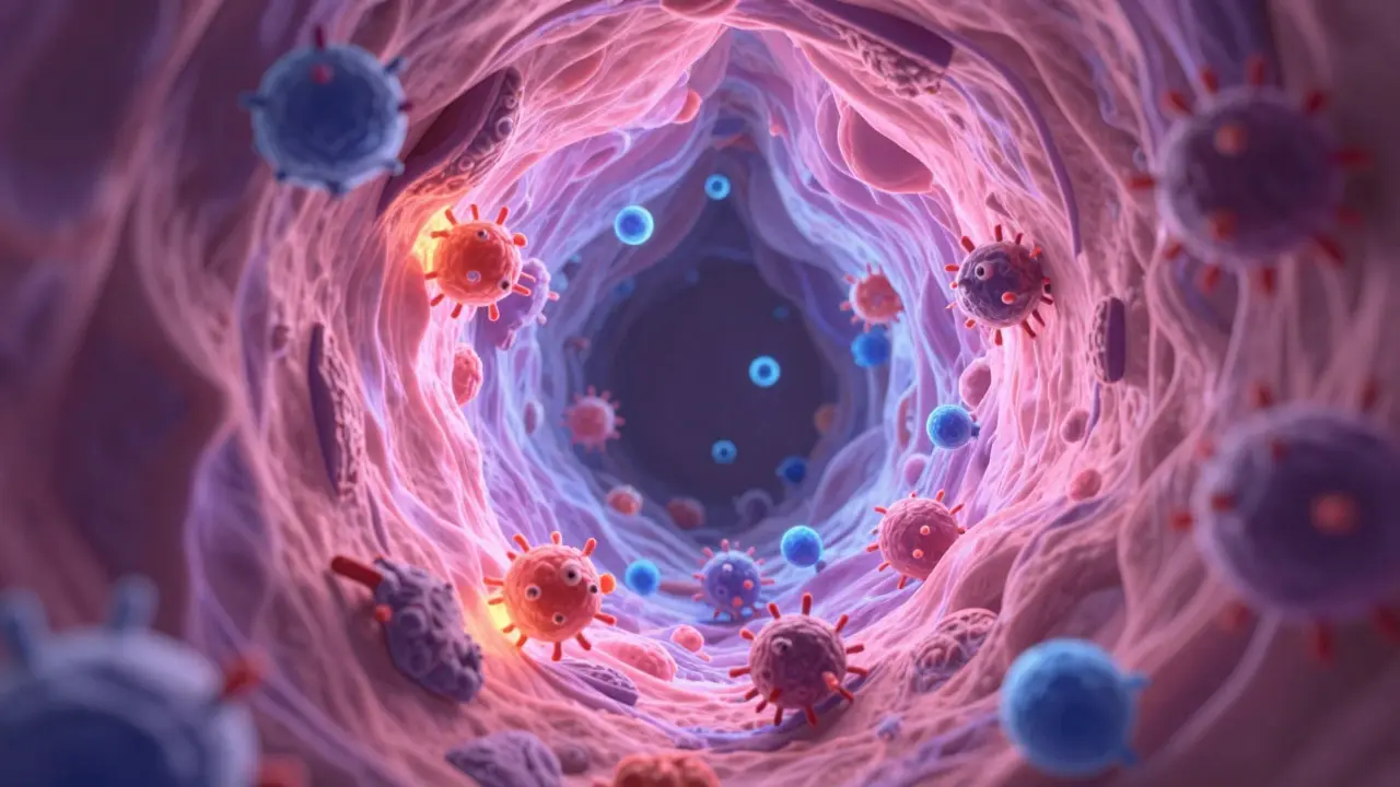 Microscopic view of immune cells causing inflammation inside lung airways.